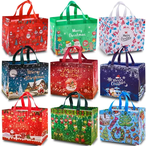 9 Bolsas de Regalo de Navidad, Bolsas Tote de Navidad con Asas, Bolsas de Compras Reutilizables No Tejidas para Envolver Regalos de Navidad, 9PCS