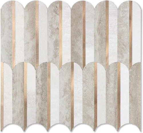 Miniatura 14 de 10 hojas de escamas de pescado para despegar y pegar para azulejos de pared de cocina, 12 pulgadas, mármol marrón, mezcla de metal dorado, azulejos