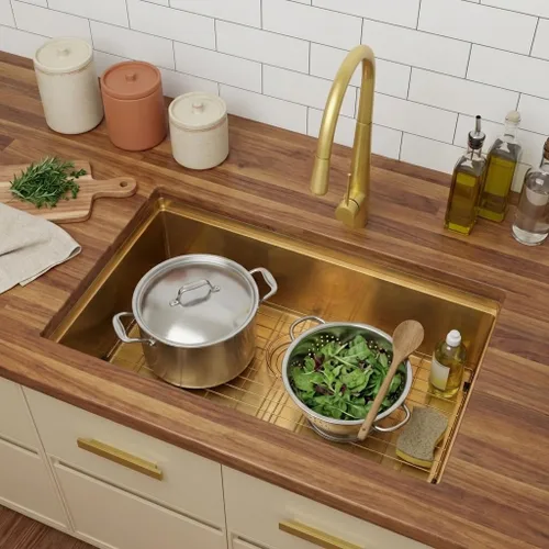 Miniatura 7 de LQS Fregadero de cocina dorado, fregadero de cocina dorado de 32 pulgadas, fregadero de cocina de calibre 16 de acero inoxidable de 32 x 19 pulgadas