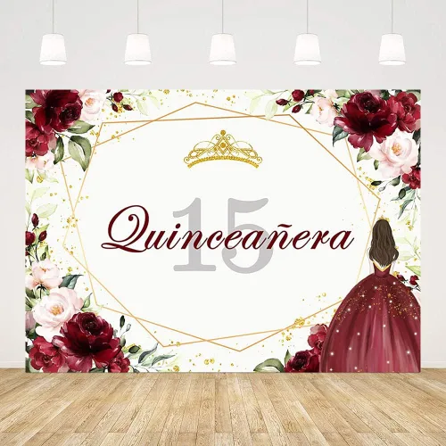 Telón de fondo de feliz cumpleaños número 15 de 7 x 5 pies para niña, quinceañera, fondo de flores rojas burdeos, corona dorada, decoración de