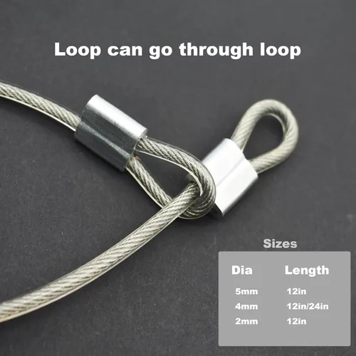 Miniatura 2 de 5 piezas de cable de acero inoxidable recubierto de vinilo de 4 mm, 24 pulgadas con asas, cordón de cuerda de alambre corto, candado de seguridad