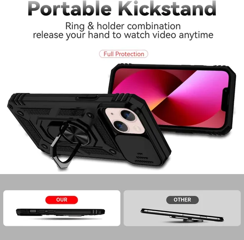 Miniatura 4 de Funda para iPhone 13, con cubierta para lente de cámara, protector de pantalla HD, [grado militar] anillo de montaje en coche con soporte híbrido