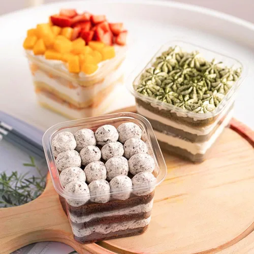 Miniatura 6 de TOFLEN 50 tazas cuadradas de plástico para postres de 12 onzas con tapas y tenedores, vasos de plástico transparente para yogur, parfait para pudín