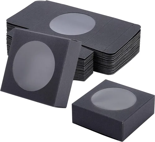 BENECREAT Paquete de 24 cajas de papel kraft con ventana transparente de 3 x 3 x 1.2 pulgadas, cajas de embalaje de regalo de papel kraft negro para