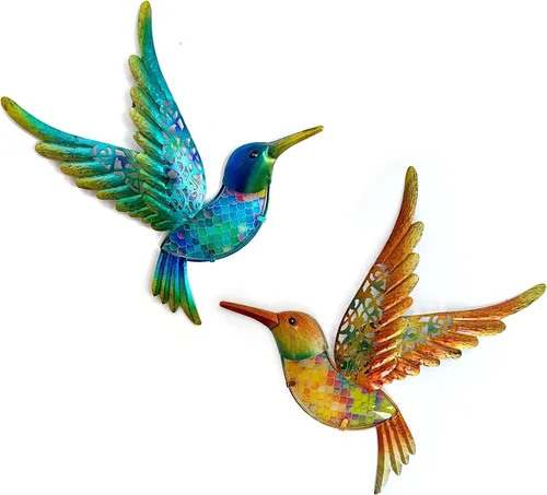 Miniatura 8 de HONGLAND Arte de pared de colibrí de metal de 15 pulgadas, escultura de pared de pájaros de metal, decoración de jardín, estatua al aire libre