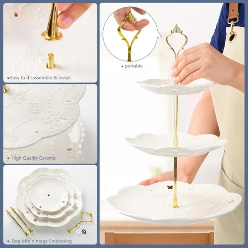 Miniatura 4 de Soporte de cerámica para cupcakes de 3 niveles, bandeja escalonada blanca para cupcakes, soporte de servicio de 3 niveles para fiesta de té