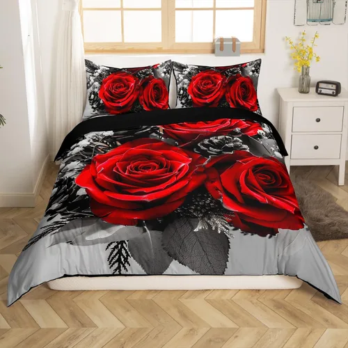 Miniatura 10 de Juego de funda de edredón de rosa roja, tamaño matrimonial, juego de ropa de cama floral color rojo degradado y negro para niñas, mujeres, niños