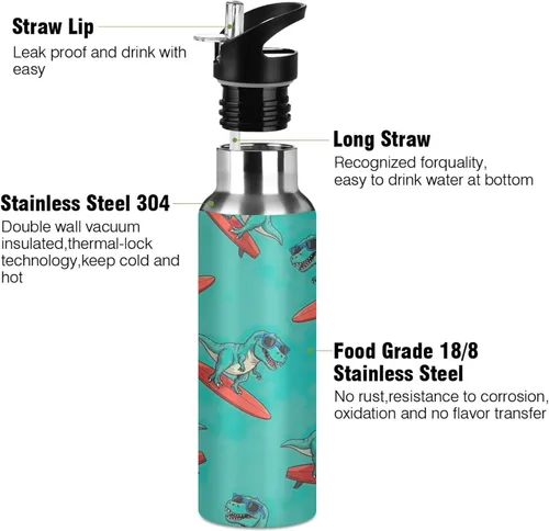 Miniatura 3 de Cute Funny Dinosaurs Green Stainless Steel Vacuum Insulated Water Bottle 32 Oz, BPA-Free Sport Water Bottle Leakproof Water Bottles