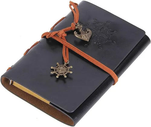 Miniatura 4 de Diario con tapas de cuero estilo retro, en blanco, con cuerda náutica, Negro 7 pulgadas