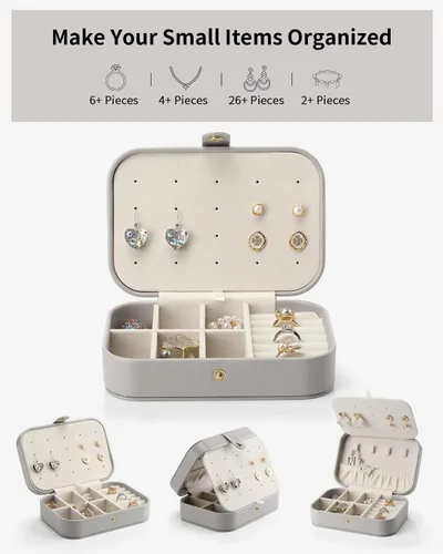 Miniatura 4 de Vlando Joyero pequeño, organizador de joyas de viaje para aretes, collar, anillo, organizador de joyas de viaje portátil de doble capa para mujeres