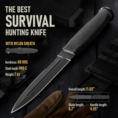 Miniatura 3 de Cuchillo táctico de supervivencia con funda, hoja fija de espiga completa de 6.5 pulgadas, borde dentado, cuchillo de caza con mango de goma 1.
