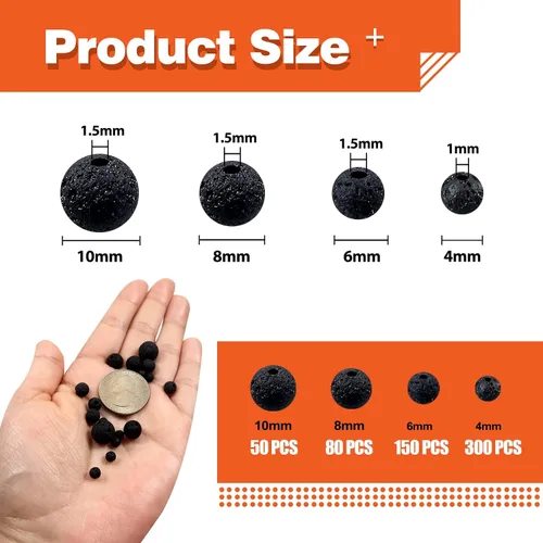 Miniatura 2 de TOAOB - 580 cuentas de lava natural volcánica negra de 0.157 in, 0.236 in, 0.315 in, 0.394 in, cuentas de piedras preciosas sueltas para decoración