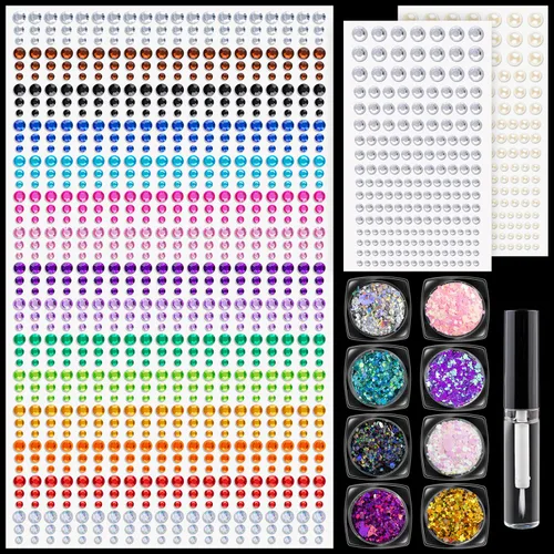 Miniatura 8 de Juego de 8 gemas coloridas para la cara, calcomanías de perlas y purpurina gruesa, 1550 piezas de joyas de 0.236 a 0.236 pulgadas y 8 macetas