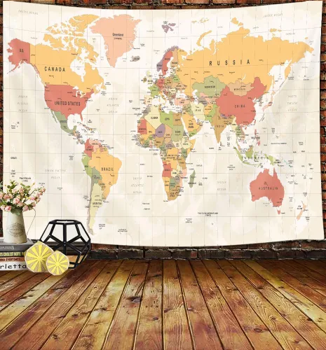 JAWO Tapiz de mapa del mundo, mapa del mundo con países y ciudades principales, tapices de pared para niños y estudiantes, tapiz de mapa mundial del