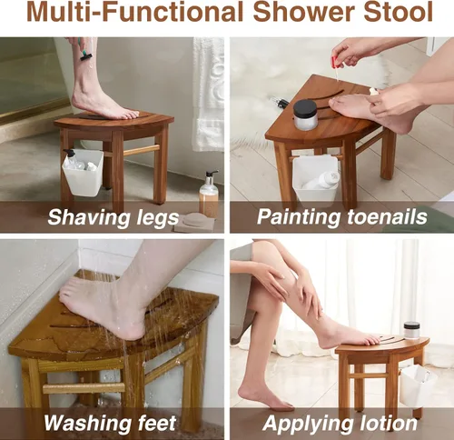 Miniatura 7 de Lovitgo Taburete de ducha de teca de 12 pulgadas para afeitarse piernas, taburete de ducha de esquina para ducha interior, banco de ducha de teca