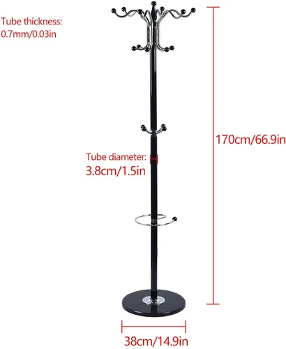 Miniatura 4 de Perchero de metal de 67 pulgadas, base de mármol de acero satinado con 16 ganchos, perchero de metal para sombreros de árbol y perchero, perchero