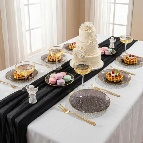 Miniatura 5 de DaYammi 240 platos de plástico negro que incluyen 120 platos de postre negros y 120 tenedores dorados, plato de fiesta martillado, platos