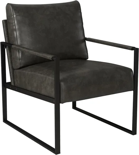 Miniatura 12 de INZOY Silla decorativa de cuero con marco de metal, cómoda silla de sala de estar con respaldo y cojín, silla moderna de mediados de siglo con Marrón