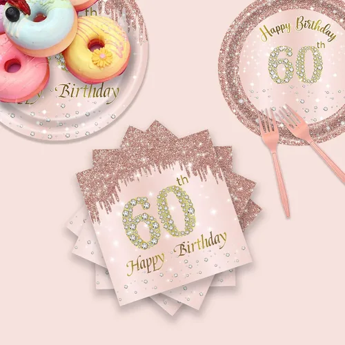 Miniatura 4 de 24 juegos de decoración de fiesta de 60 cumpleaños en oro rosa para mujeres, 60 platos de cumpleaños y servilletas, tenedores, suministros de fiesta