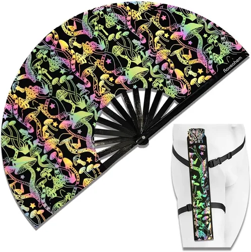 Ventilador de mano plegable de bambú holográfico con funda para hombresmujeres, ventilador de mano para EDM, festival de música, club, extraño,
