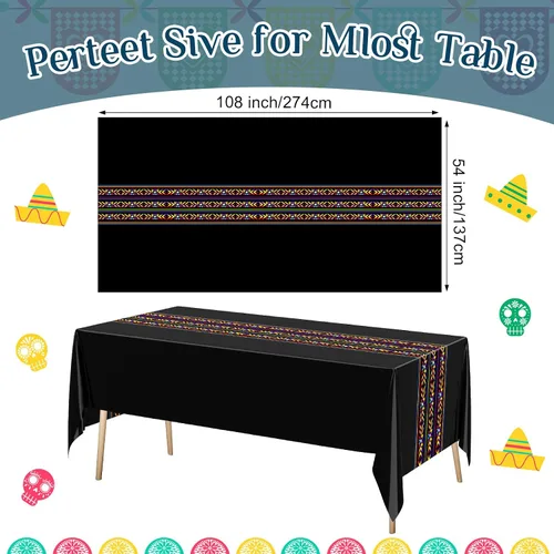 Miniatura 3 de Oudain Mantel de plástico para fiesta mexicana, 6 unidades, 108 x 54 pulgadas, tejido arcoíris, desechable, impermeable, festivo, para decoración