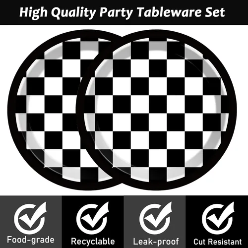 Miniatura 3 de 48 platos de papel de fiesta con bandera a cuadros en blanco y negro para suministros de fiesta de autos de carreras de 7 pulgadas, platos de postre