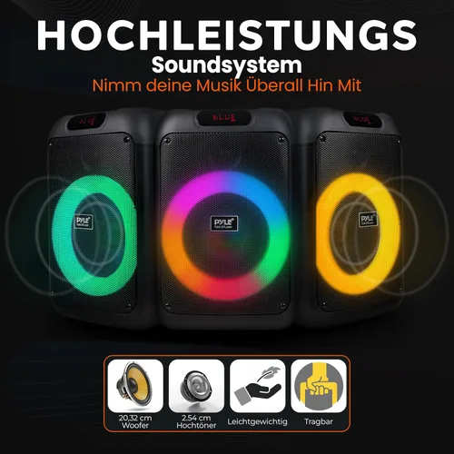 Miniatura 3 de Pyle Altavoz portátil Bluetooth para fiestas con woofer de 8 pulgadas, función TWS, batería recargable de 100W, entrada de micrófono, eco, control
