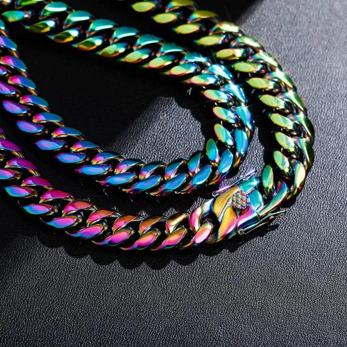 Miniatura 5 de TOPGRILLZ Collar de eslabones cubanos coloridos de 0.399 in de acero inoxidable sólido arco iris oro plata hip hop Miami cubano grueso collar