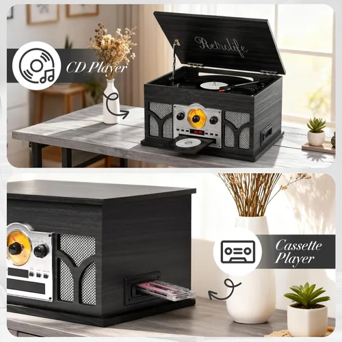 Miniatura 4 de Tocadiscos 10 en 1 con altavoces incorporados, reproducción inalámbrica, reproductor de CD y cassette, reproductor USB, radio AM/FM, tocadiscos de 3