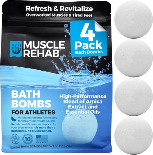 Muscle Rehab Epsom - Bombas de baño de sal con árnica (paquete de 4) | Remojo de recuperación de magnesio para dolores musculares, alivio después
