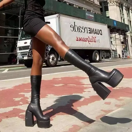 Miniatura 5 de Botas altas hasta la rodilla para mujer, tacón alto, punta redonda, cremallera lateral, estilo punk, botas de combate para mujer