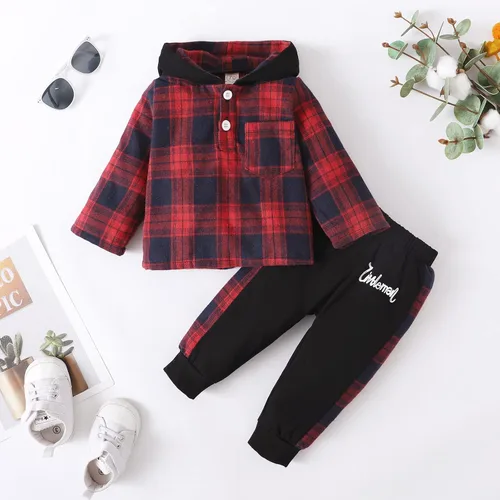 Miniatura 8 de VOLUOVO Conjunto de sudadera con capucha y bolsillo a cuadros para bebés y niños pequeños