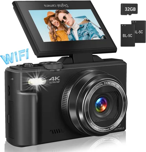 Cámara digital para fotografía, cámara de vlogging 4K para YouTube de 3 pulgadas, pantalla abatible de 180°, zoom digital 18X, cámaras retro