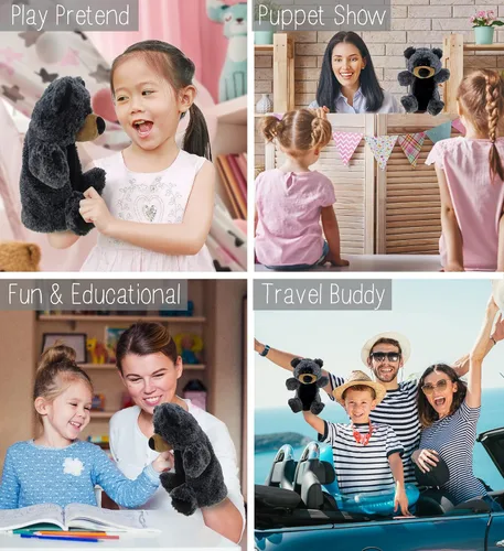 Miniatura 3 de DolliBu - Marioneta de peluche de oso negro, súper suave, juguetes de peluche de animales salvajes para niños y adultos, lindo oso de peluche negro