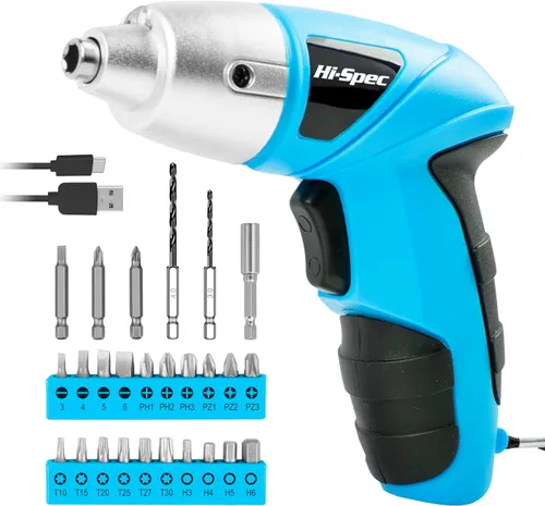 Hi-Spec Juego de destornilladores eléctricos de pequeña potencia USB azul de 27 piezas de 3.6 V. Inalámbrico y recargable con juego de puntas de
