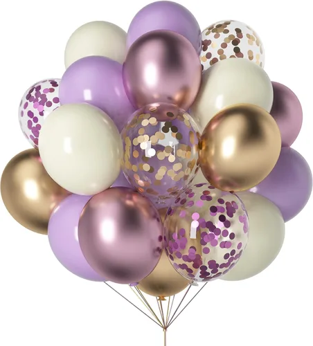 Globos morados y dorados: 60 globos metálicos de lavanda y champán de 12 pulgadas con confeti para graduaciones, bodas, cumpleaños y celebraciones