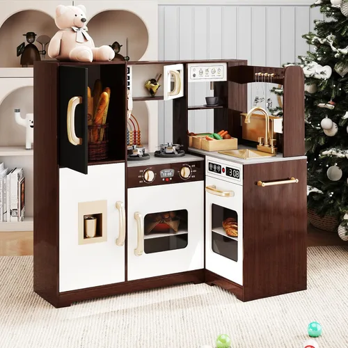 Miniatura 8 de TaoHFE Rincón de Espresso para Jugar Cocina con Luces, Juego de Cocina para Niños de 1 a 3 años, Juego de Cocina de Juguete para Niños Marrón