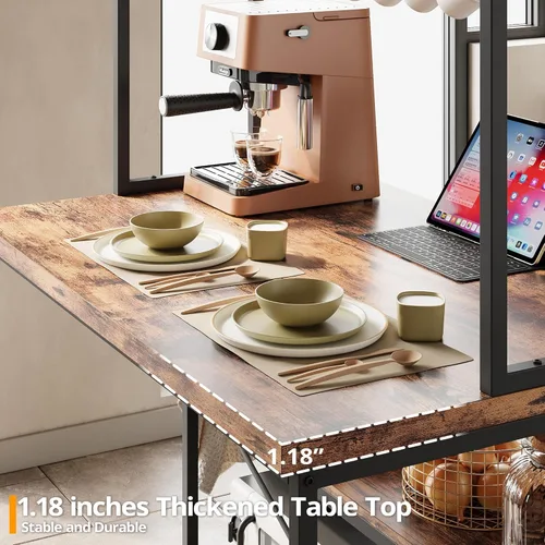 Miniatura 5 de IRONCK Isla de cocina con taburetes, estante para panadería con almacenamiento y toma de corriente, mesa de café industrial para cocina, comedor