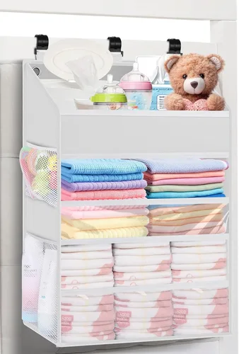 Organizador de pañales colgante PHOTOONE para cuna – Organizador espacioso para guardería de bebé niña/niño para cambiador, corralito/pared – Blanco
