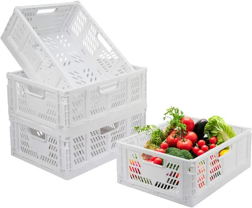 Paquete de 4 cajas de almacenamiento plegables, organizador de cajones de plástico plegables, cesta de almacenamiento apilable para alimentos, Blanco