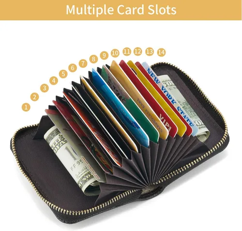 Miniatura 4 de WOZEAH Billetera pequeña para mujeres con bloqueo RFID, cartera para tarjetas de crédito, cartera de acordeón de cuero con cremallera, Negro