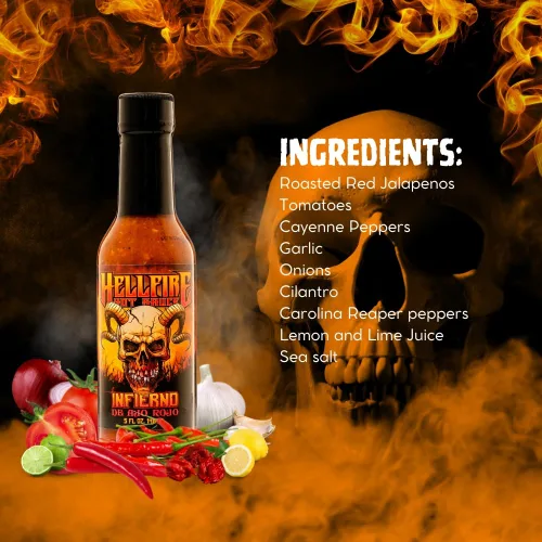 Miniatura 6 de Hellfire Hot Sauce Infierno De Ajo Rojo - Salsa picante gourmet de salsa roja con ajo y pimientos Carolina Reaper, 5 onzas