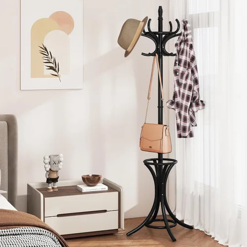 Miniatura 7 de Giantex Perchero de madera maciza, árbol de pasillo independiente con 12 ganchos, soporte para paraguas, soporte de entrada para abrigos, sombreros