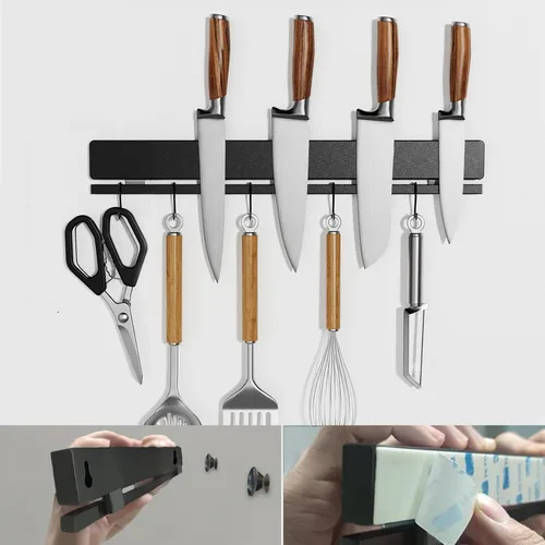 Miniatura 9 de YIIYIIN Portacuchillos magnético de doble cara de acero inoxidable 304 de 12 pulgadas para pared, con tira adhesiva, sin taladro, 6 ganchos Plata