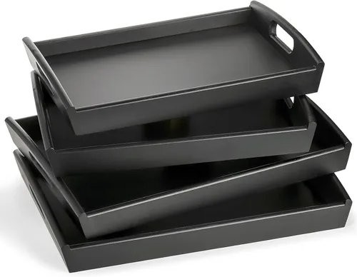Miniatura 8 de Peohud Paquete de 4 bandejas de bambú para servir con asas, bandeja rectangular de comida de cocina para comer, bandejas de cena para comer