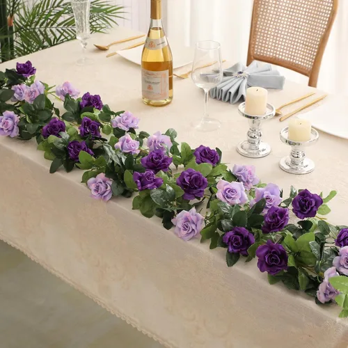 Miniatura 7 de JUSTOYOU Paquete de 2 guirnaldas de rosas falsas (15.8 pies), rosas artificiales, enredaderas, guirnalda de flores para colgar, vid floral, boda