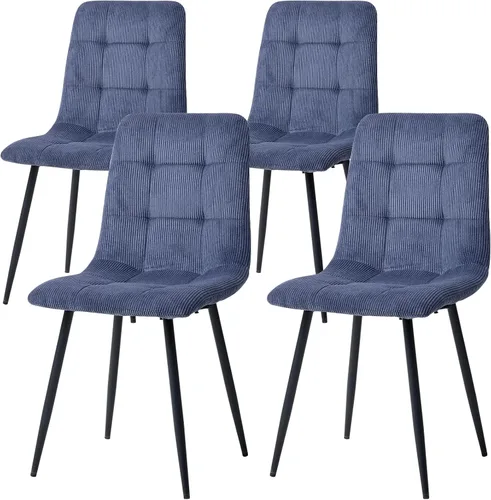 Juego de 4 sillas de comedor de pana, modernas sillas de cocina tapizadas de tela con patas de metal, almohadillas ajustables, color azul