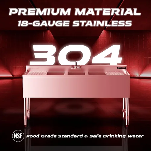 Miniatura 4 de DuraSteel Fregadero de 3 Compartimentos Bajo Barra - CEC y NSF 304 Acero Inoxidable Fregadero Utilitario de 3 Bahías con Grifo Sin Plomo - 60" L x