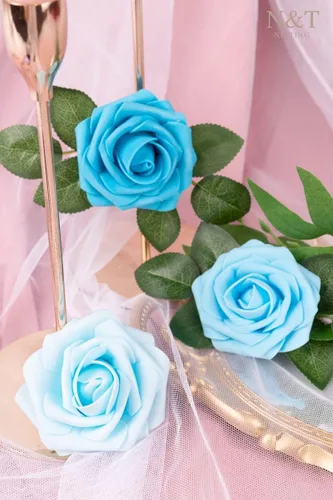 Miniatura 8 de N&T NIETING Rosas Azules Flores Artificiales, 50pcs Flores Falsas Rosa Perfectas para Manualidades Boda Dama de Honor Ramos Nupciales Centros