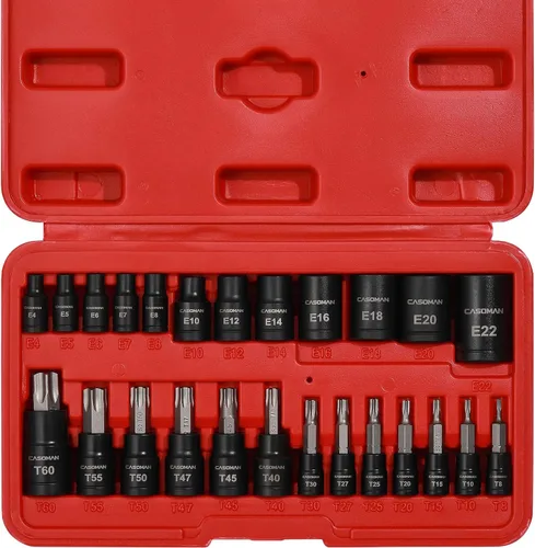 Miniatura 2 de CASOMAN Juego de 25 piezas de dados Torx y enchufes externos, 13 puntas de enchufe estrella (T8- T60) y 12 enchufes E-Torx hembra (E4-E22)